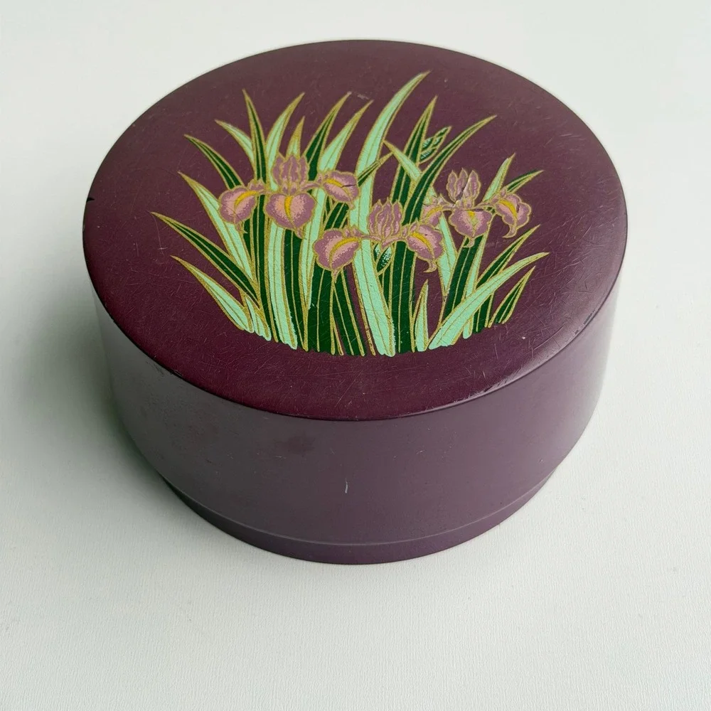 Vintage Toyo Iris Lacquer Ware Trinket Box Set Purple Floral Japan